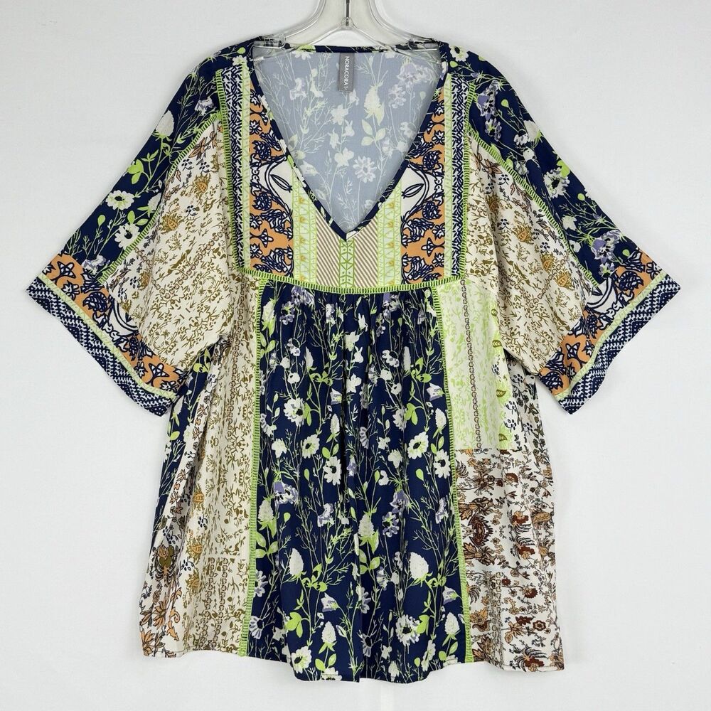 Norecoora Peasant BOHO Floral V-Neck Pullover Short Sleeve Top Blouse XL